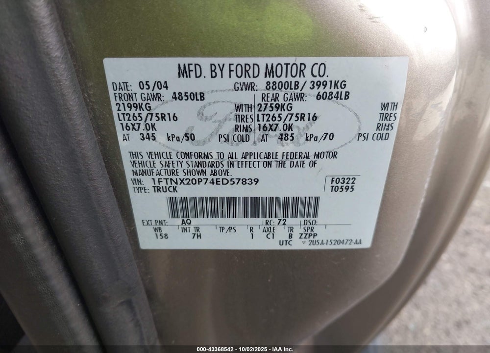 2004 FORD F-250 VIN: 1FTNX20P74ED57839