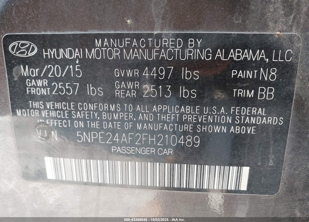 2015 HYUNDAI SONATA VIN: 5NPE24AF2FH210489