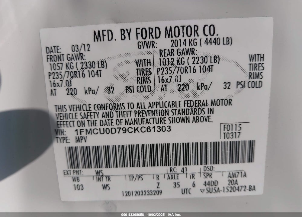 2012 FORD ESCAPE VIN: 1FMCU0D79CKC61303