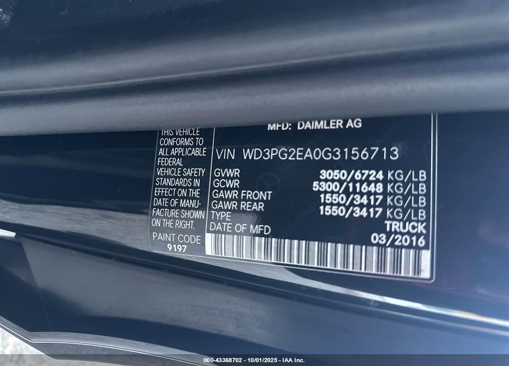 2016 MERCEDES-BENZ METRIS VIN: WD3PG2EA0G3156713