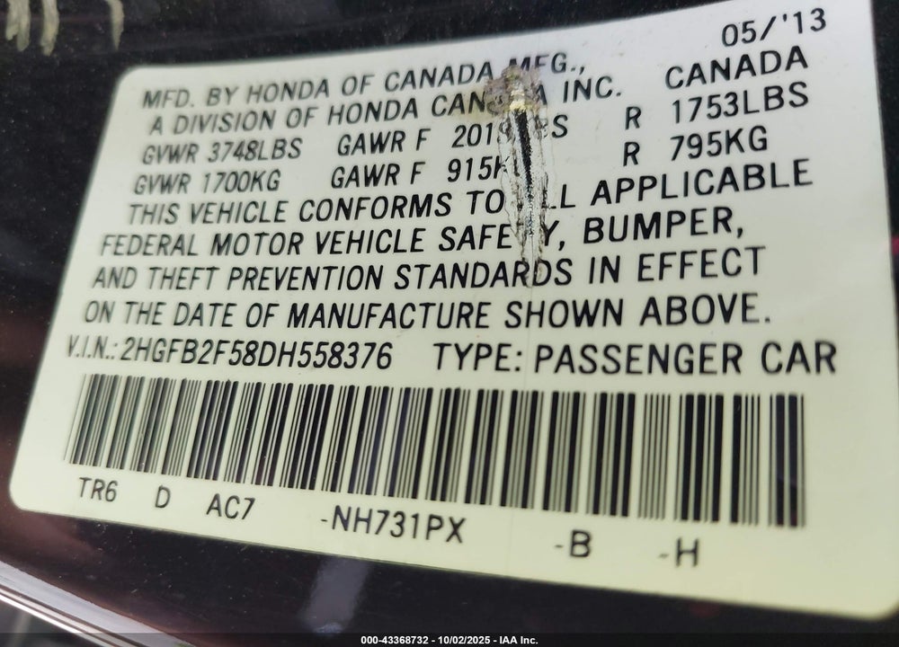 2013 HONDA CIVIC LX VIN: 2HGFB2F58DH558376