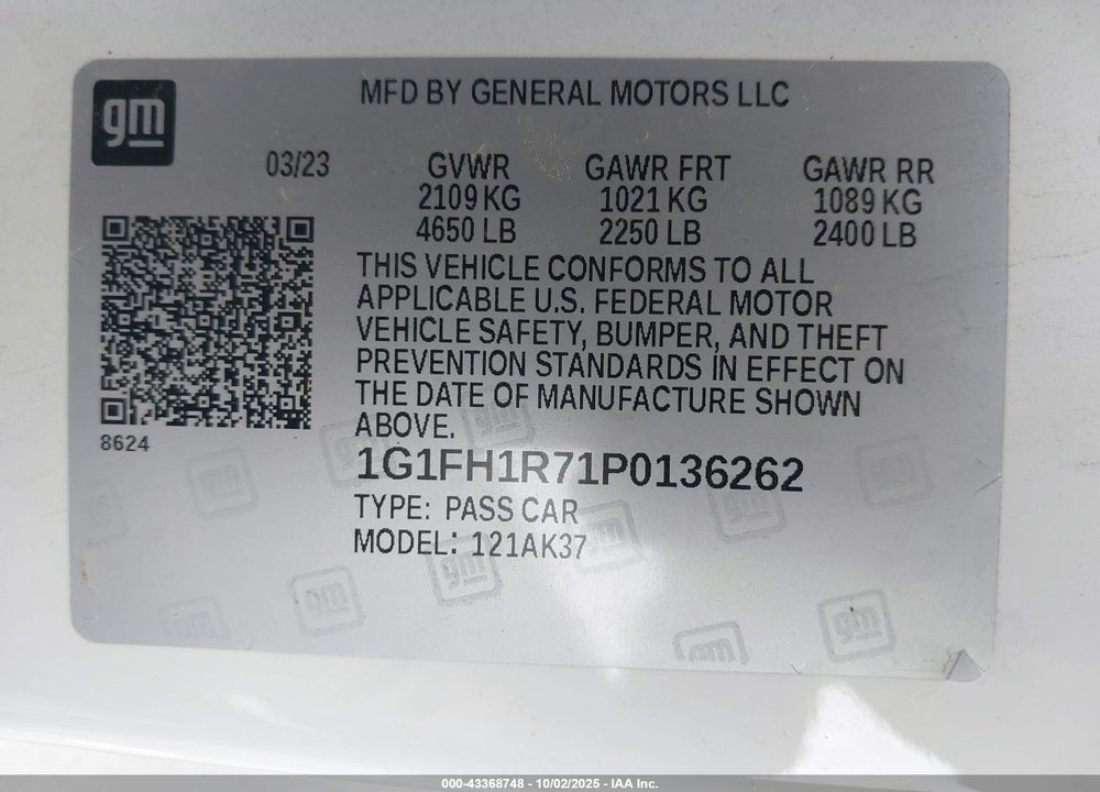 2023 CHEVROLET CAMARO VIN: 1G1FH1R71P0136262