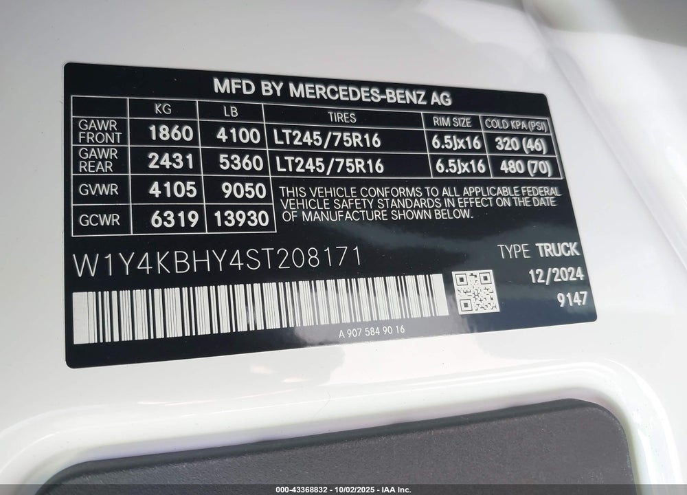 2025 MERCEDES-BENZ SPRINTER 2500 STANDARD ROOF 4-CYL DIESEL VIN: W1Y4KBHY4ST208171