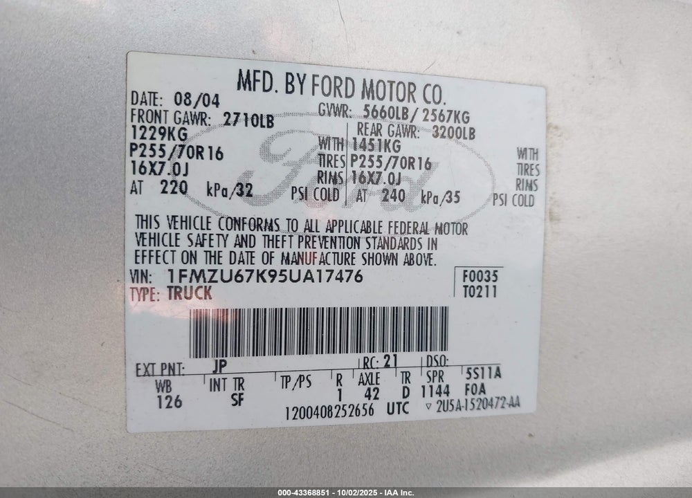 2005 FORD EXPLORER SPORT TRAC ADRENALIN/XLS/XLT VIN: 1FMZU67K95UA17476