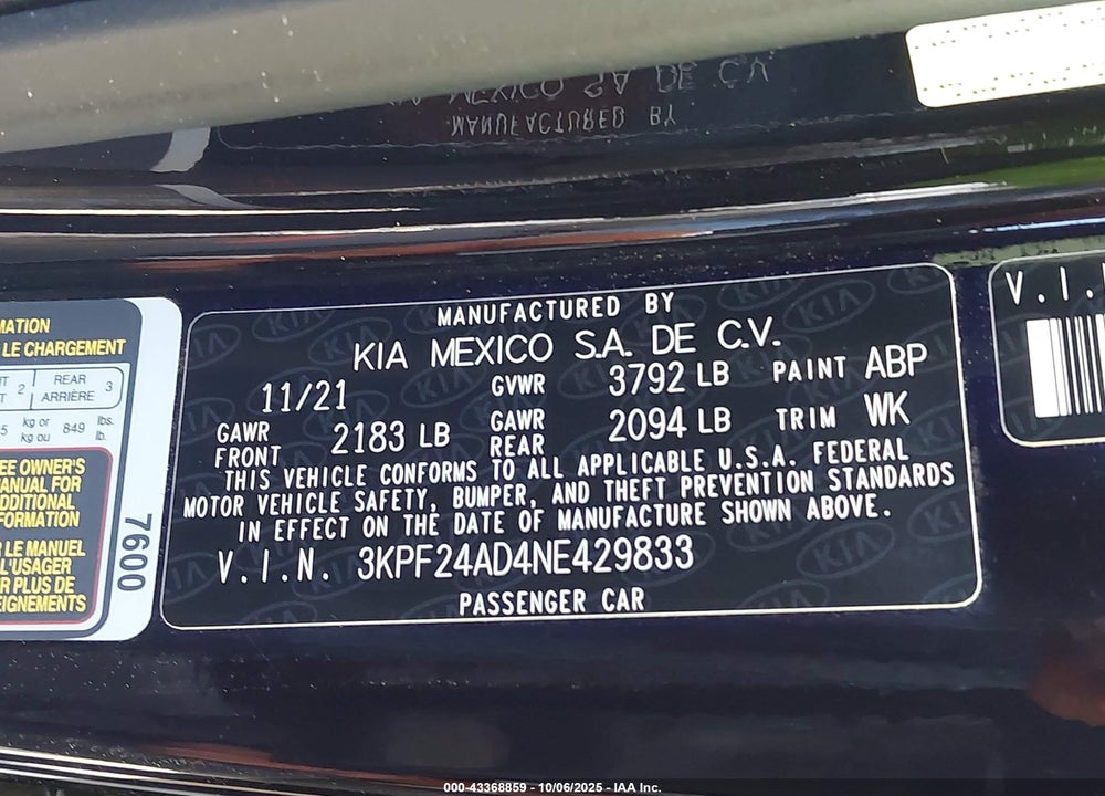 2022 KIA FORTE FE VIN: 3KPF24AD4NE429833