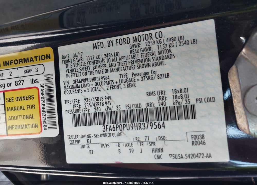 2017 FORD FUSION VIN: 3FA6P0PU9HR379564