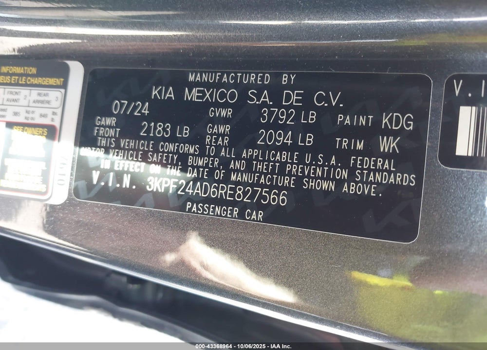 2024 KIA FORTE VIN: 3KPF24AD6RE827566
