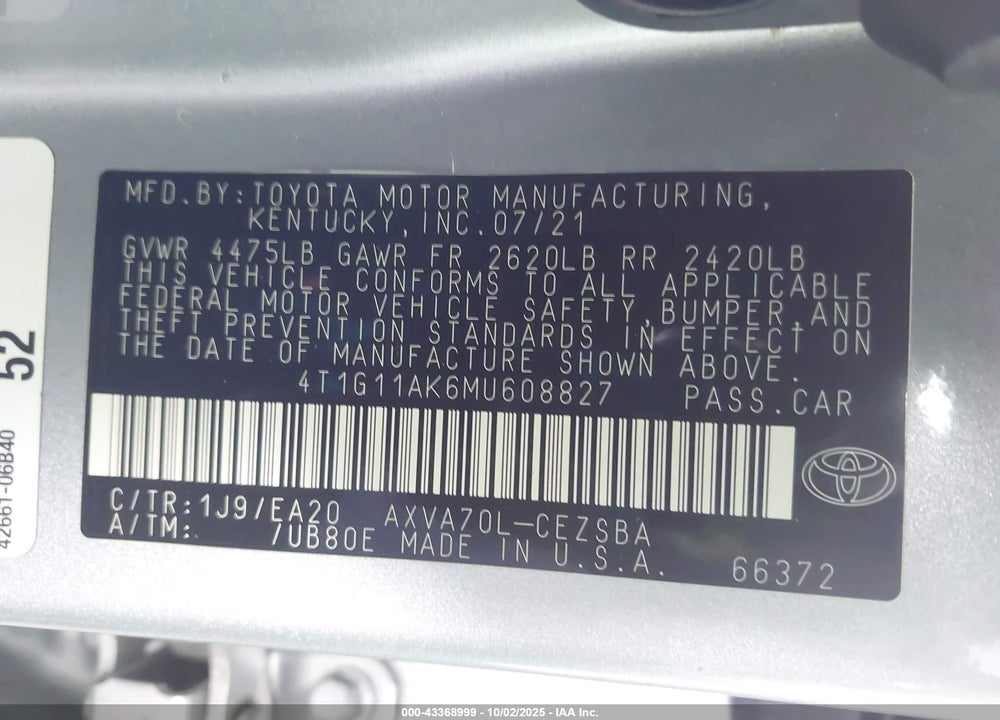 2021 TOYOTA CAMRY SE VIN: 4T1G11AK6MU608827