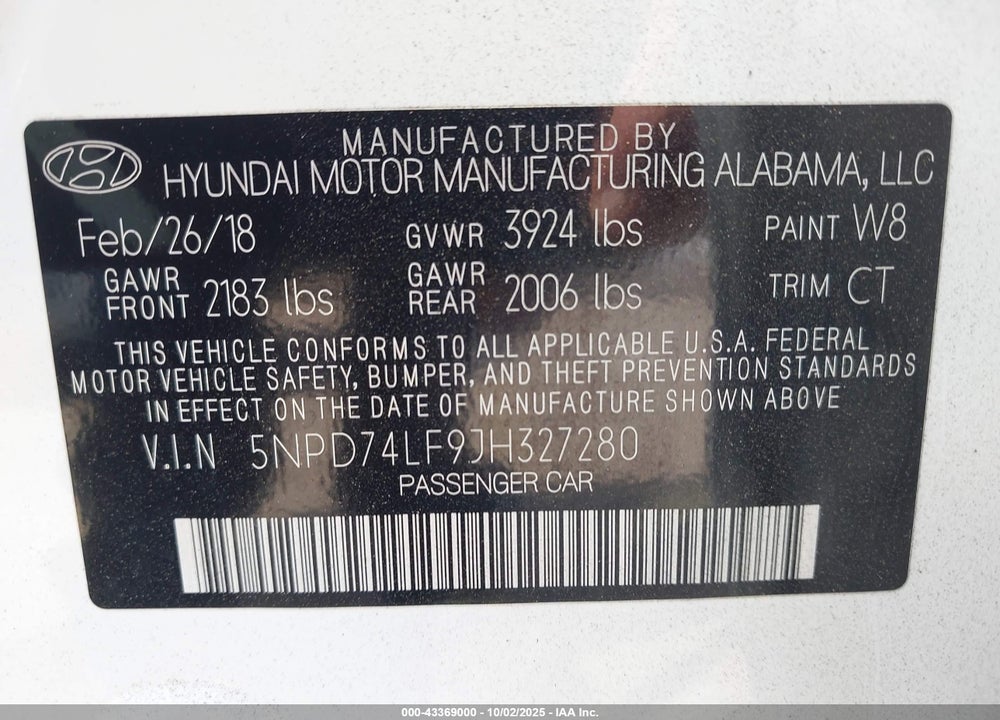 2018 HYUNDAI ELANTRA VIN: 5NPD74LF9JH327280