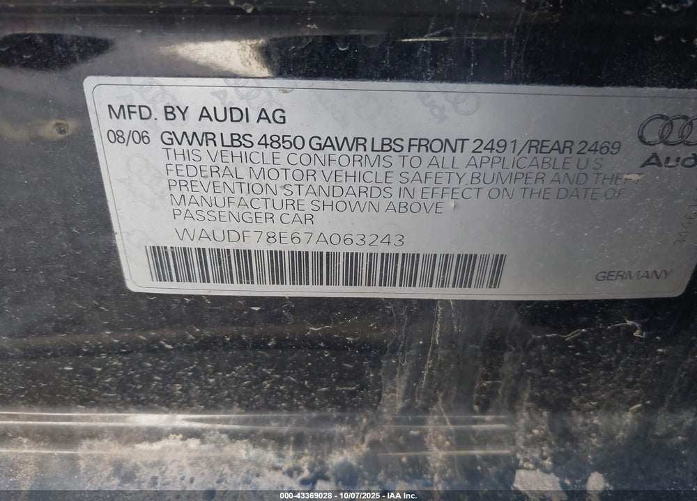 2007 AUDI A4 VIN: WAUDF78E67A063243
