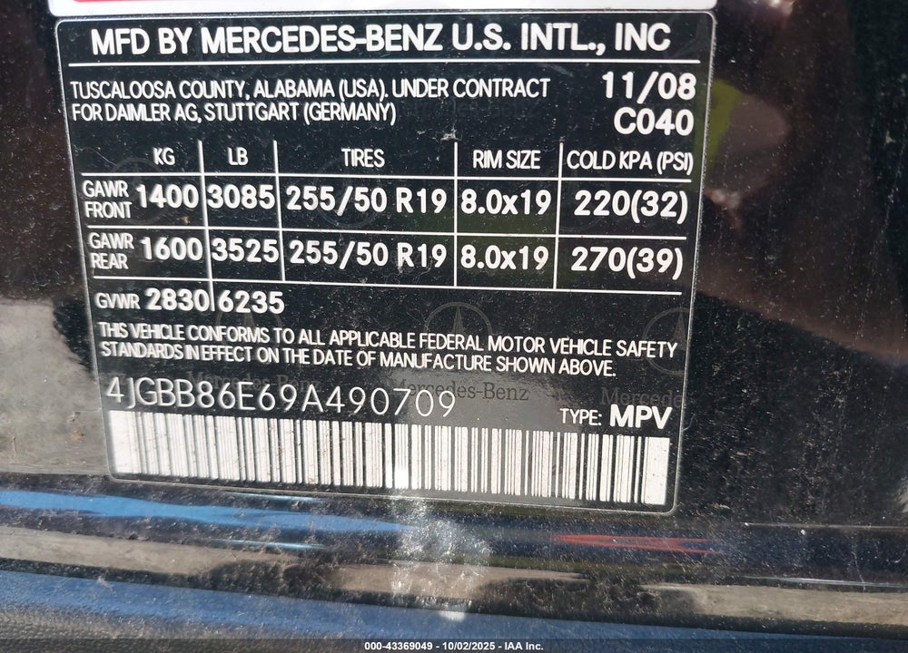 2009 MERCEDES-BENZ ML-CLASS VIN: 4JGBB86E69A490709