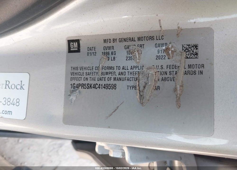 2012 BUICK VERANO VIN: 1G4PR5SK4C4149598