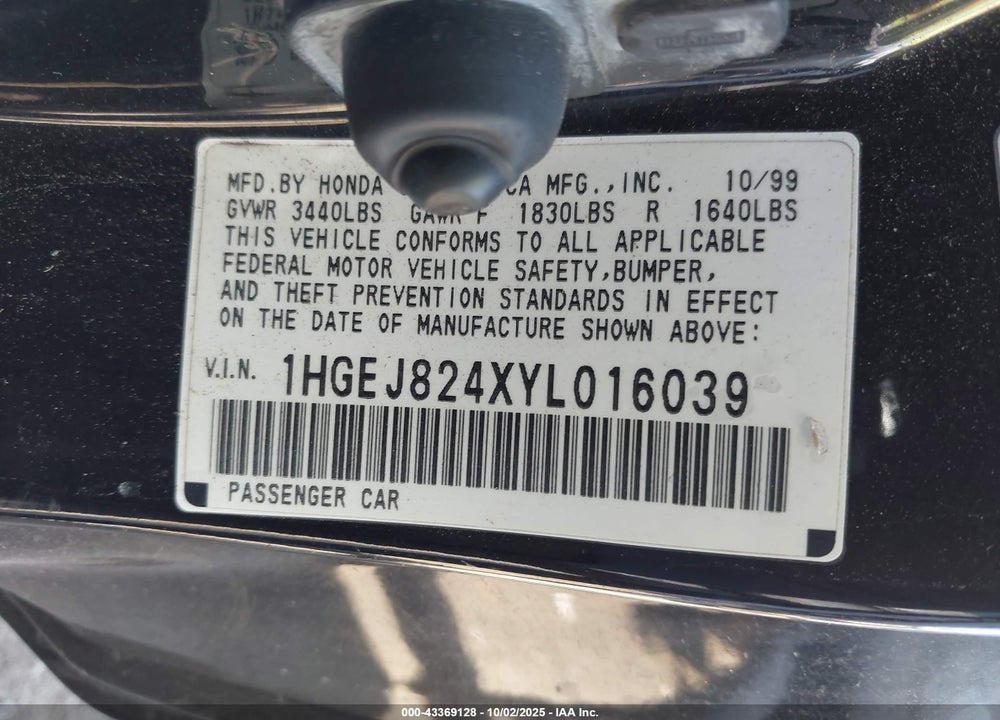 2000 HONDA CIVIC EX VIN: 1HGEJ824XYL016039