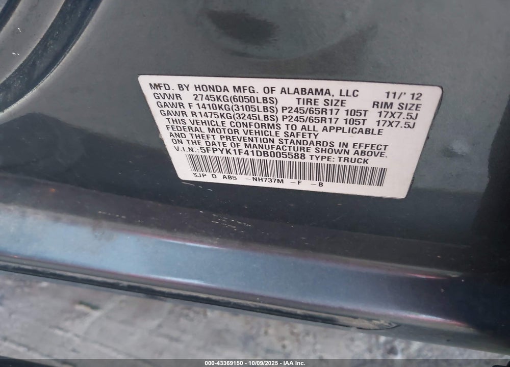2013 HONDA RIDGELINE RTS VIN: 5FPYK1F41DB005588