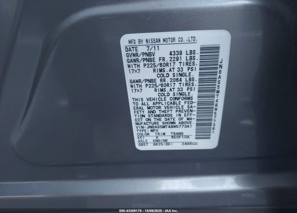 2011 NISSAN ROGUE SV VIN: JN8AS5MT4BW577361
