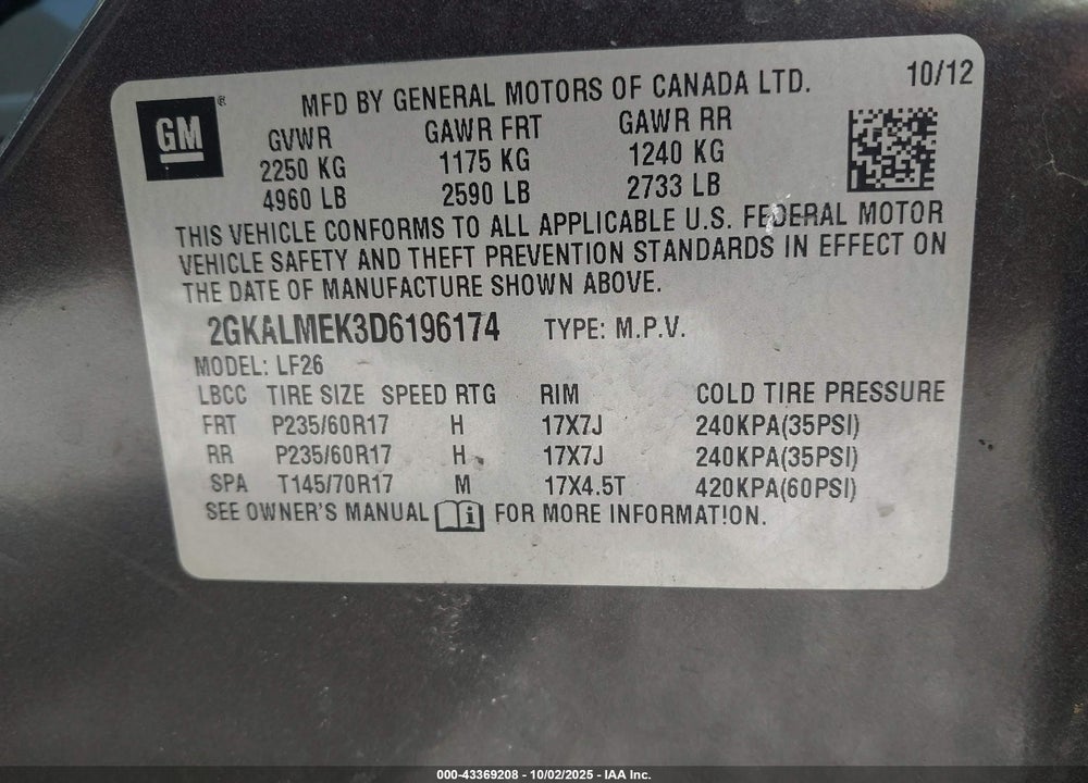 2013 GMC TERRAIN VIN: 2GKALMEK3D6196174