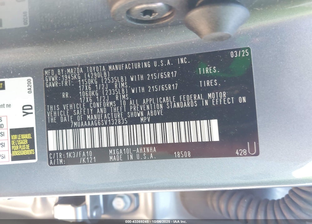 2025 TOYOTA COROLLA CROSS L VIN: 7MUAAAAG6SV132835