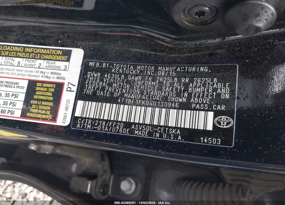2016 TOYOTA CAMRY VIN: 4T1BF1FK0GU130946