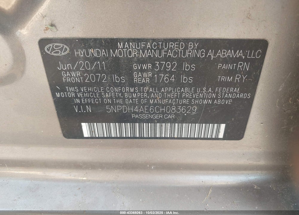 2012 HYUNDAI ELANTRA LIMITED VIN: 5NPDH4AE6CH083629
