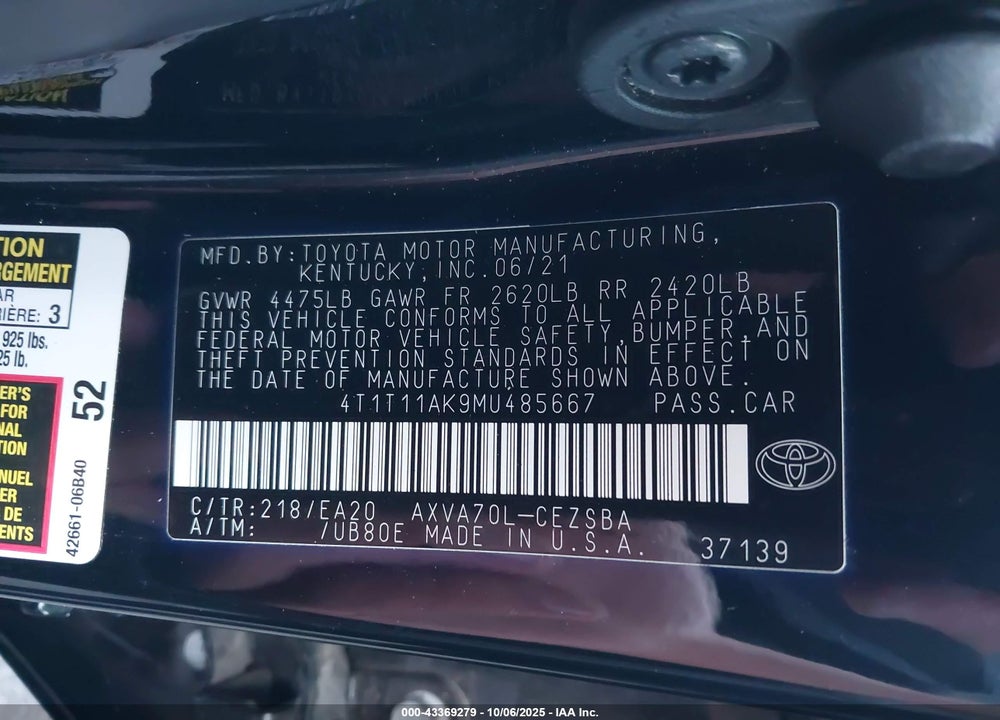 2021 TOYOTA CAMRY SE VIN: 4T1T11AK9MU485667