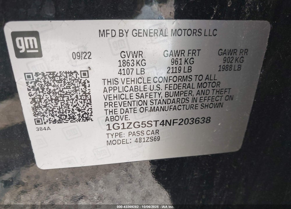 2022 CHEVROLET MALIBU FWD RS VIN: 1G1ZG5ST4NF203638