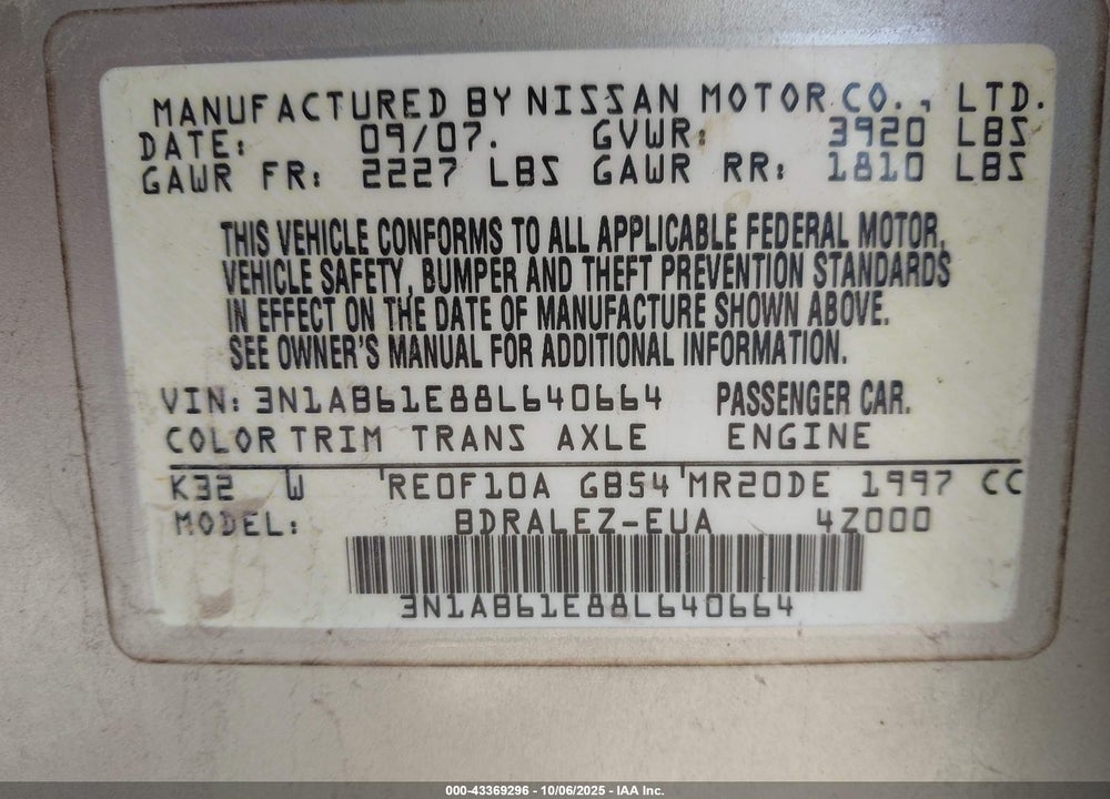 2008 NISSAN SENTRA VIN: 3N1AB61E88L640664