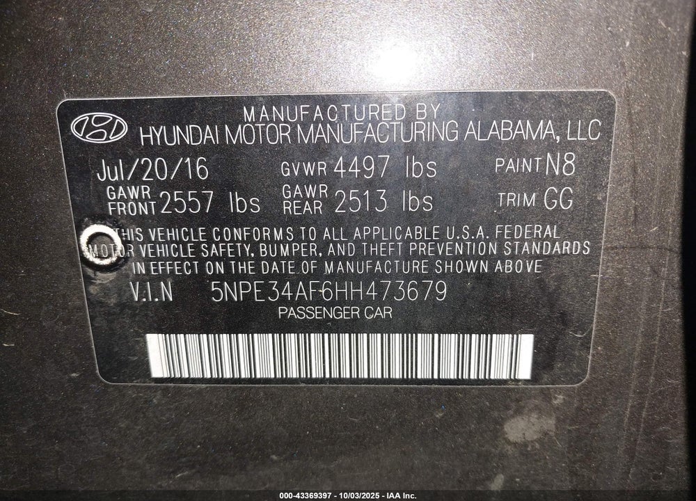 2017 HYUNDAI SONATA VIN: 5NPE34AF6HH473679