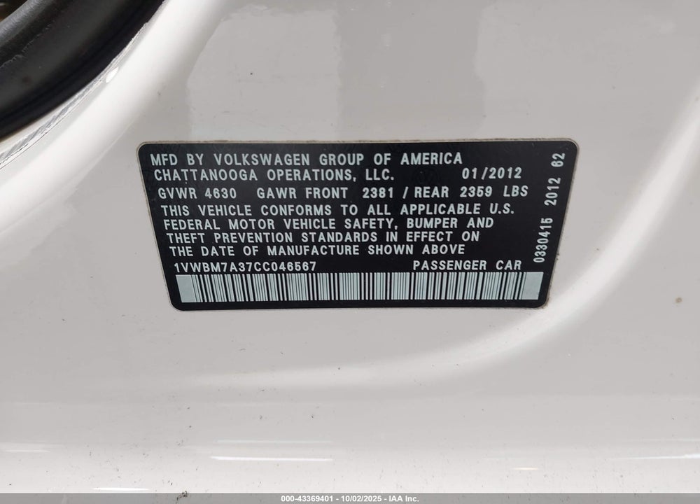 2012 VOLKSWAGEN PASSAT VIN: 1VWBM7A37CC046567