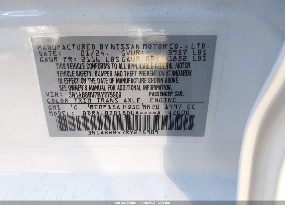 2024 NISSAN SENTRA VIN: 3N1AB8BV7RY275909