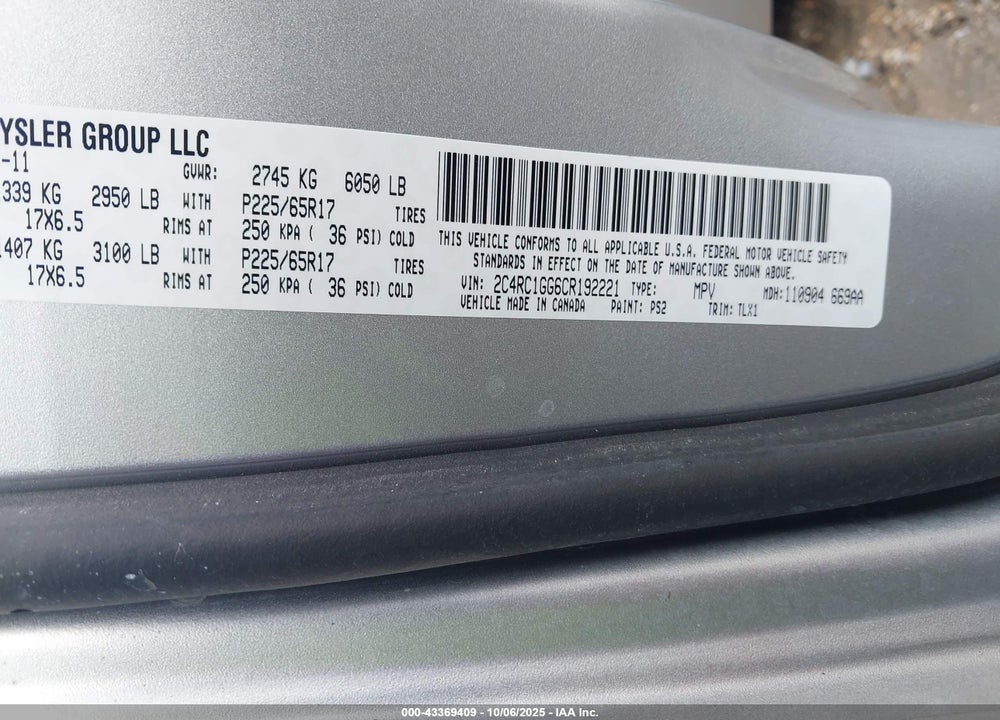 2012 CHRYSLER TOWN & COUNTRY VIN: 2C4RC1GG6CR192221