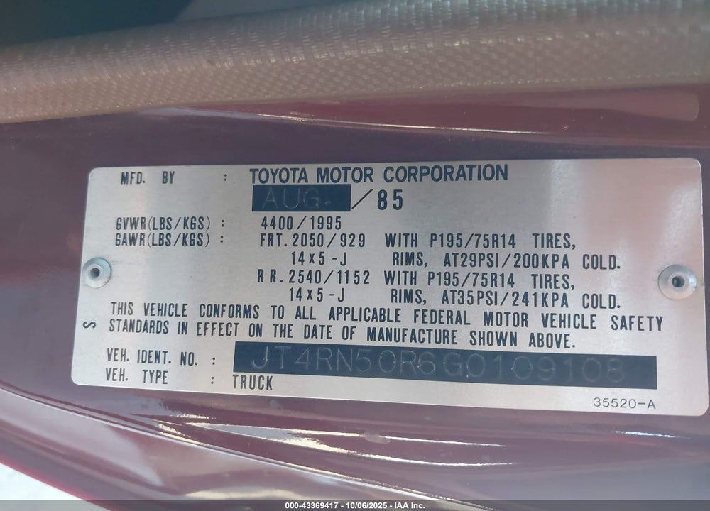 1986 TOYOTA PICKUP 1/2 TON RN50 VIN: JT4RN50R6G0109108