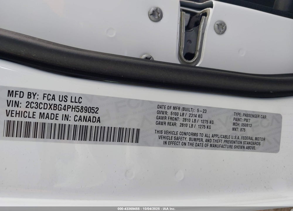 2023 DODGE CHARGER SXT VIN: 2C3CDXBG4PH589052