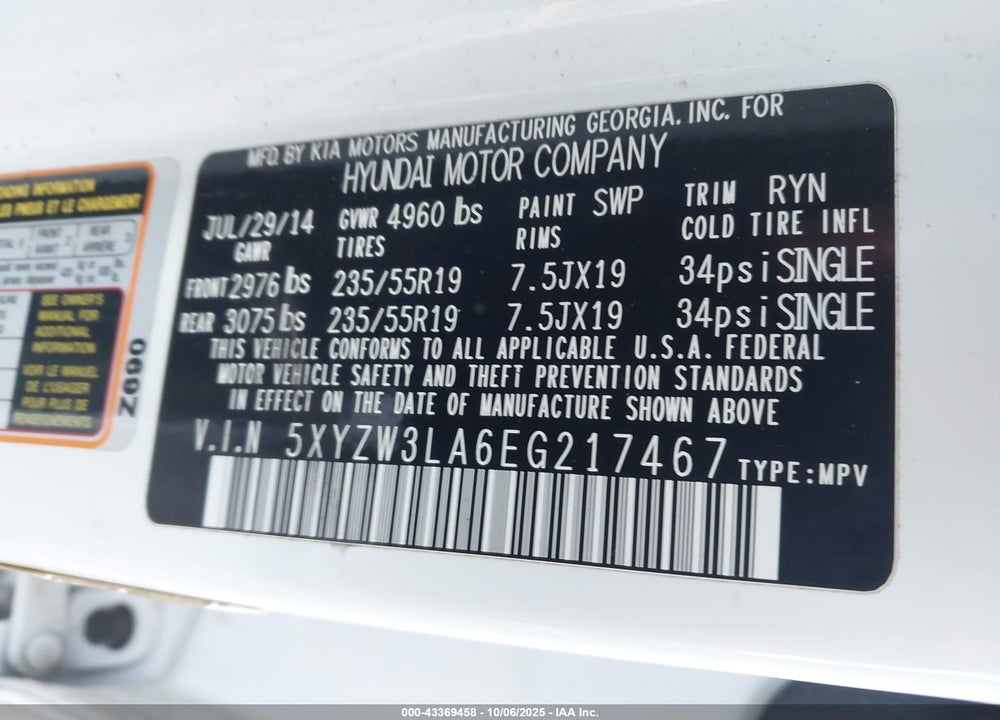 2014 HYUNDAI SANTA FE SPORT 2.0L TURBO VIN: 5XYZW3LA6EG217467