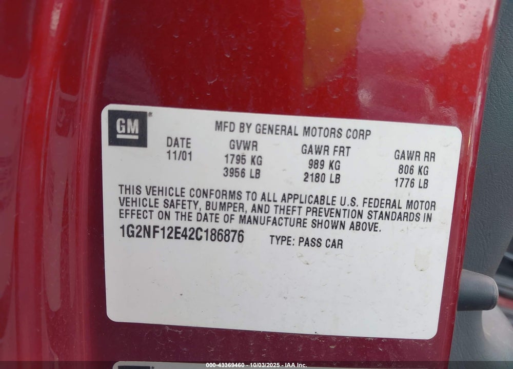 2002 PONTIAC GRAND AM SE1 VIN: 1G2NF12E42C186876