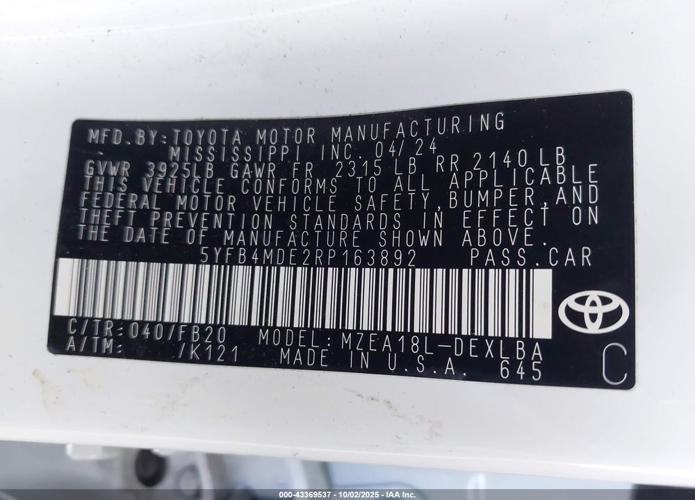 2024 TOYOTA COROLLA VIN: 5YFB4MDE2RP163892
