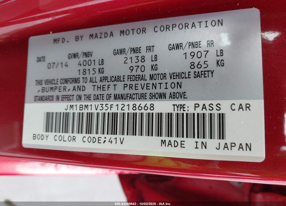 2015 MAZDA 3 VIN: JM1BM1V35F1218668