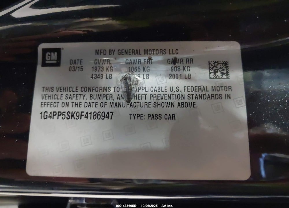 2015 BUICK VERANO VIN: 1G4PP5SK9F4186947