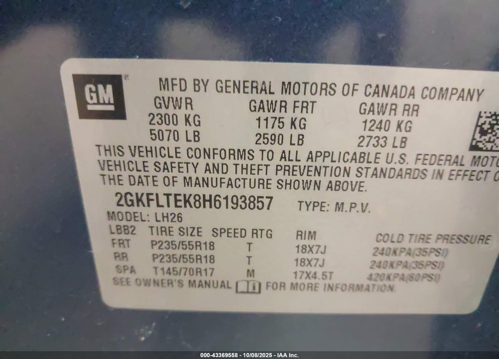 2017 GMC TERRAIN SLE-2 VIN: 2GKFLTEK8H6193857