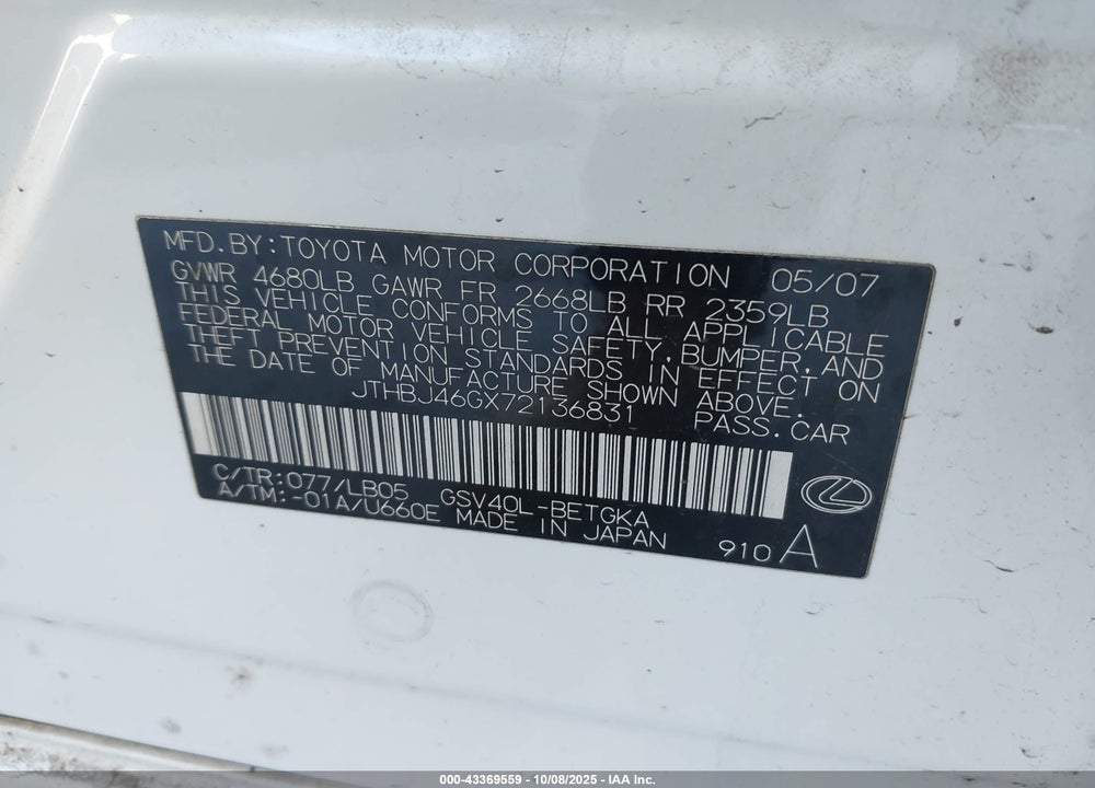 2007 LEXUS ES 350 VIN: JTHBJ46GX72136831