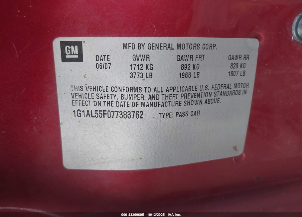 2007 CHEVROLET COBALT LT VIN: 1G1AL55F077383762