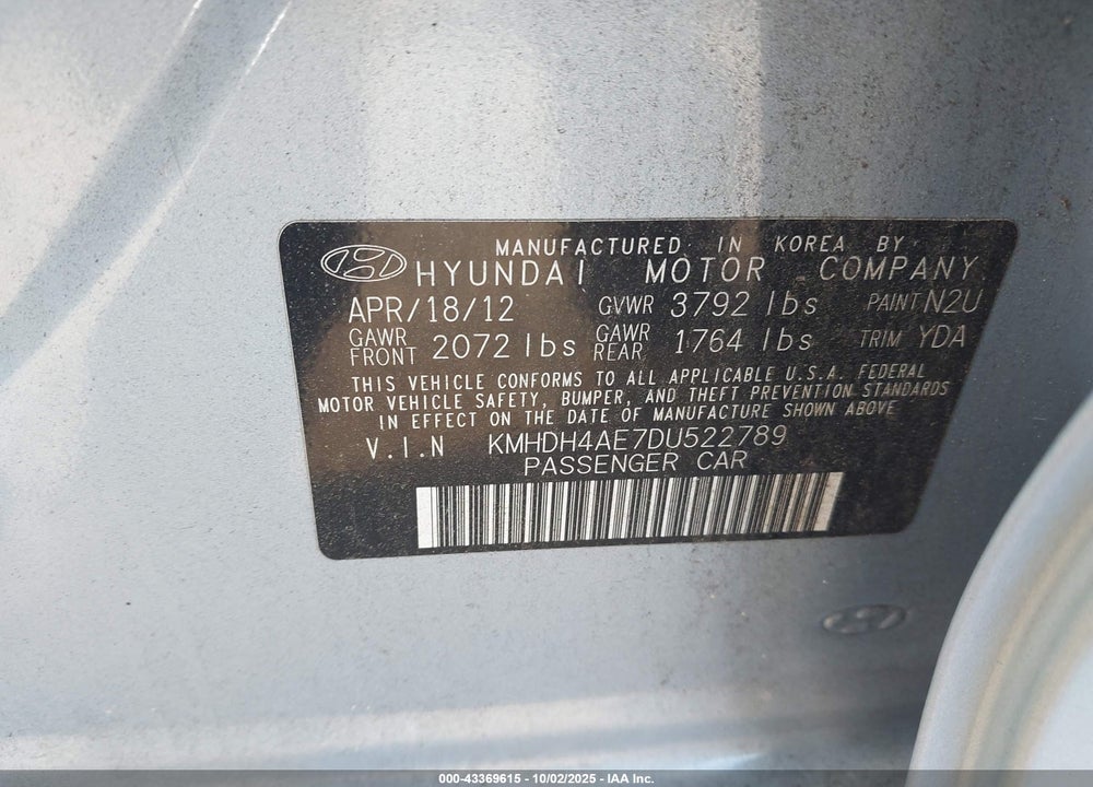 2013 HYUNDAI ELANTRA VIN: KMHDH4AE7DU522789