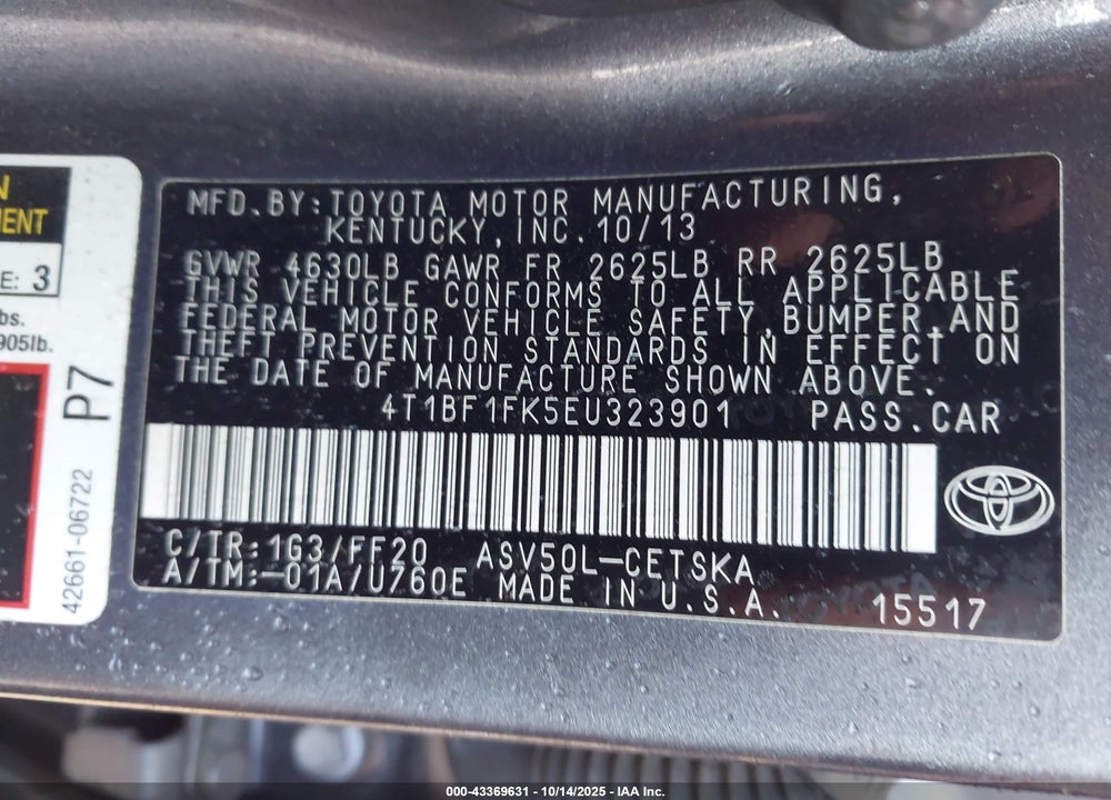 2014 TOYOTA CAMRY VIN: 4T1BF1FK5EU323901