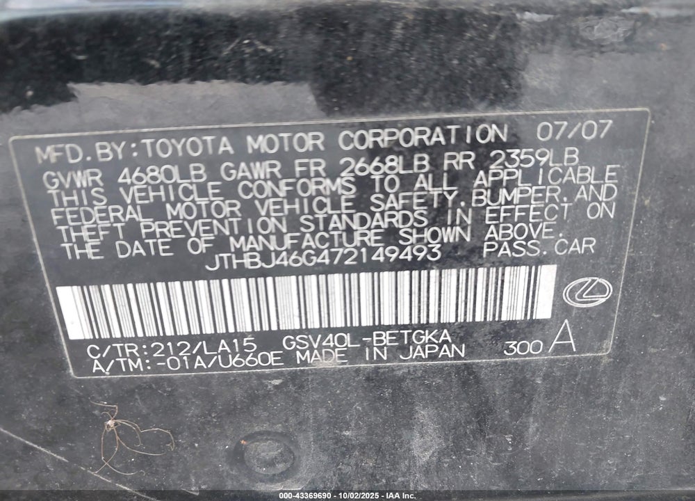 2007 LEXUS ES 350 VIN: JTHBJ46G472149493