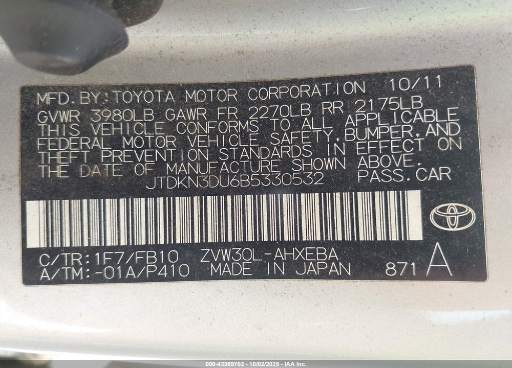 2011 TOYOTA PRIUS VIN: JTDKN3DU6B5330532