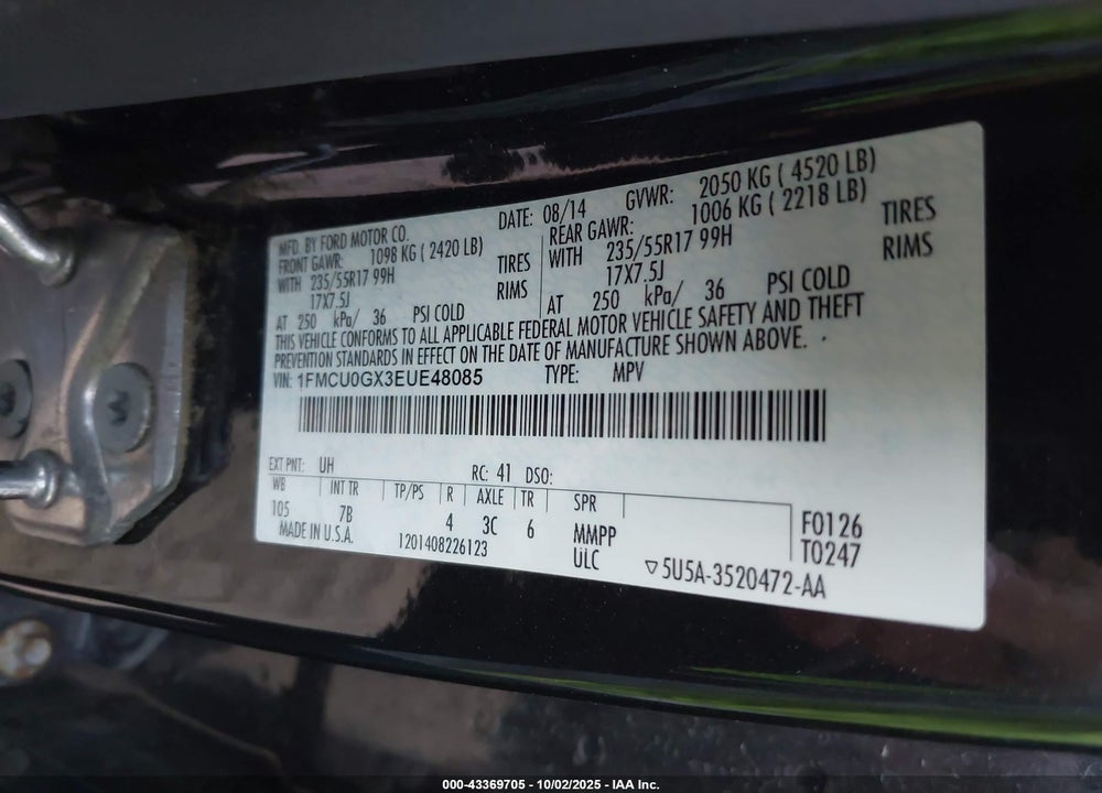 2014 FORD ESCAPE VIN: 1FMCU0GX3EUE48085