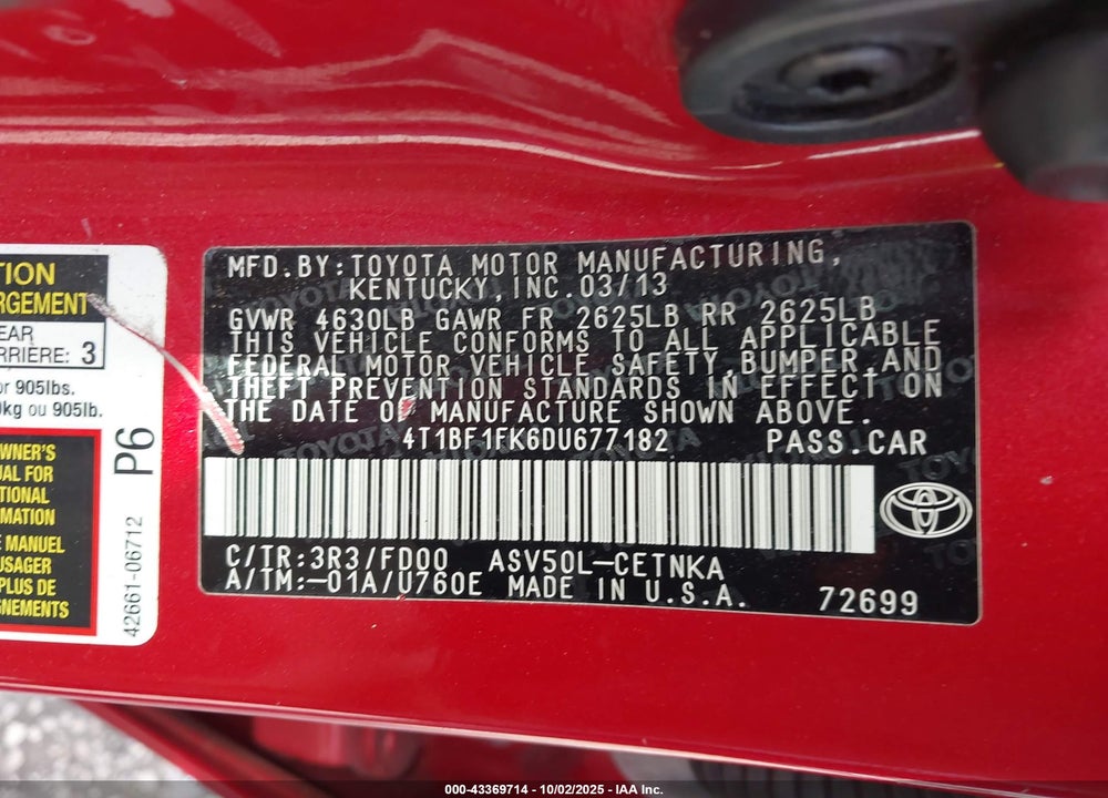 2013 TOYOTA CAMRY LE VIN: 4T1BF1FK6DU677182