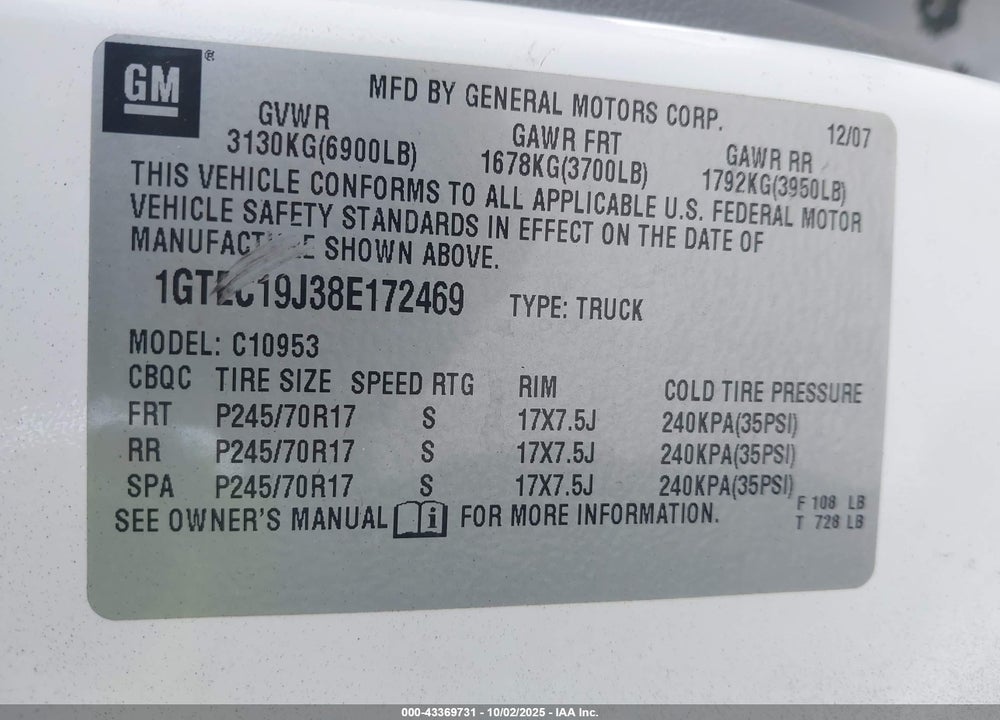 2008 GMC SIERRA 1500 VIN: 1GTEC19J38E172469