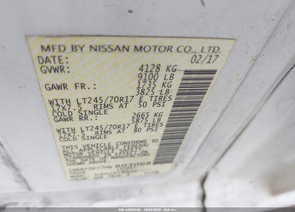 2017 NISSAN NV CARGO NV2500 HD S V6 VIN: 1N6BF0KY7HN803068