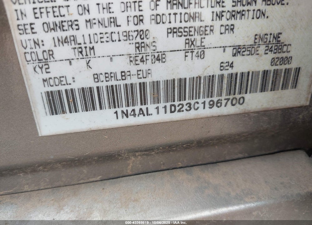 2003 NISSAN ALTIMA 2.5 S VIN: 1N4AL11D23C196700