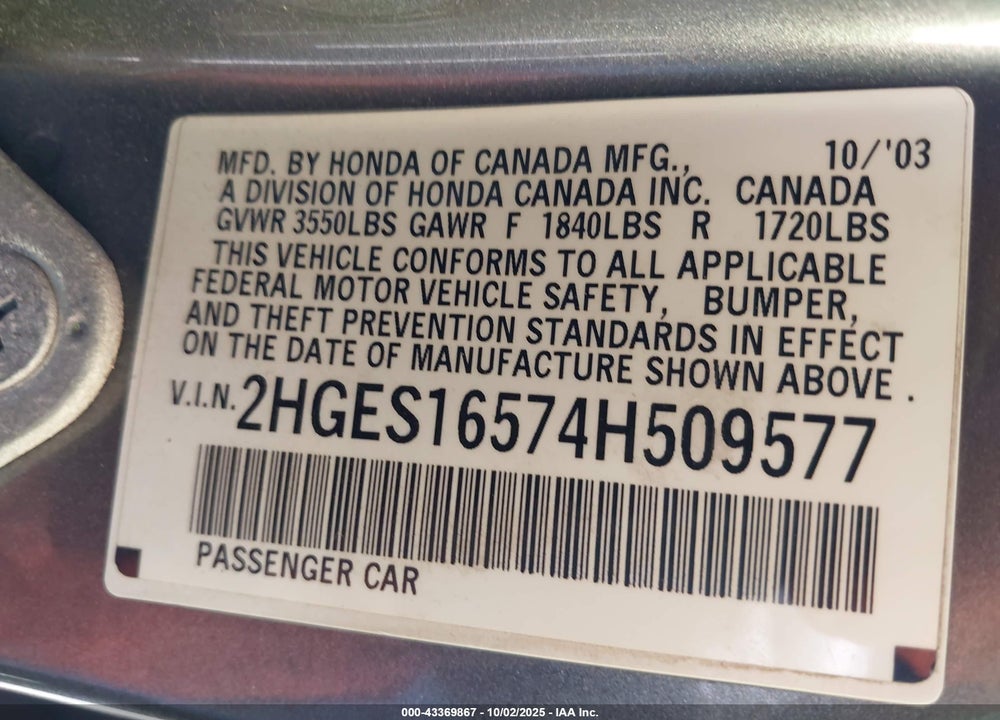 2004 HONDA CIVIC LX VIN: 2HGES16574H509577